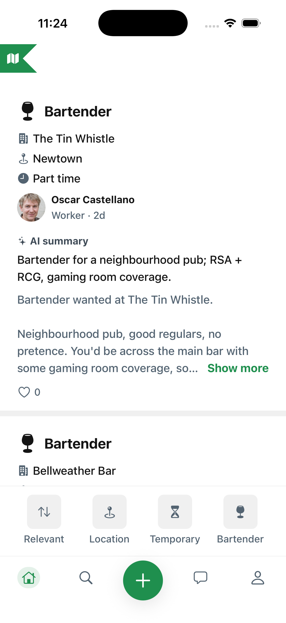 Worker feed: a bartender job at The Tin Whistle in Newtown, with an AI summary line above the full ad and filter chips below.