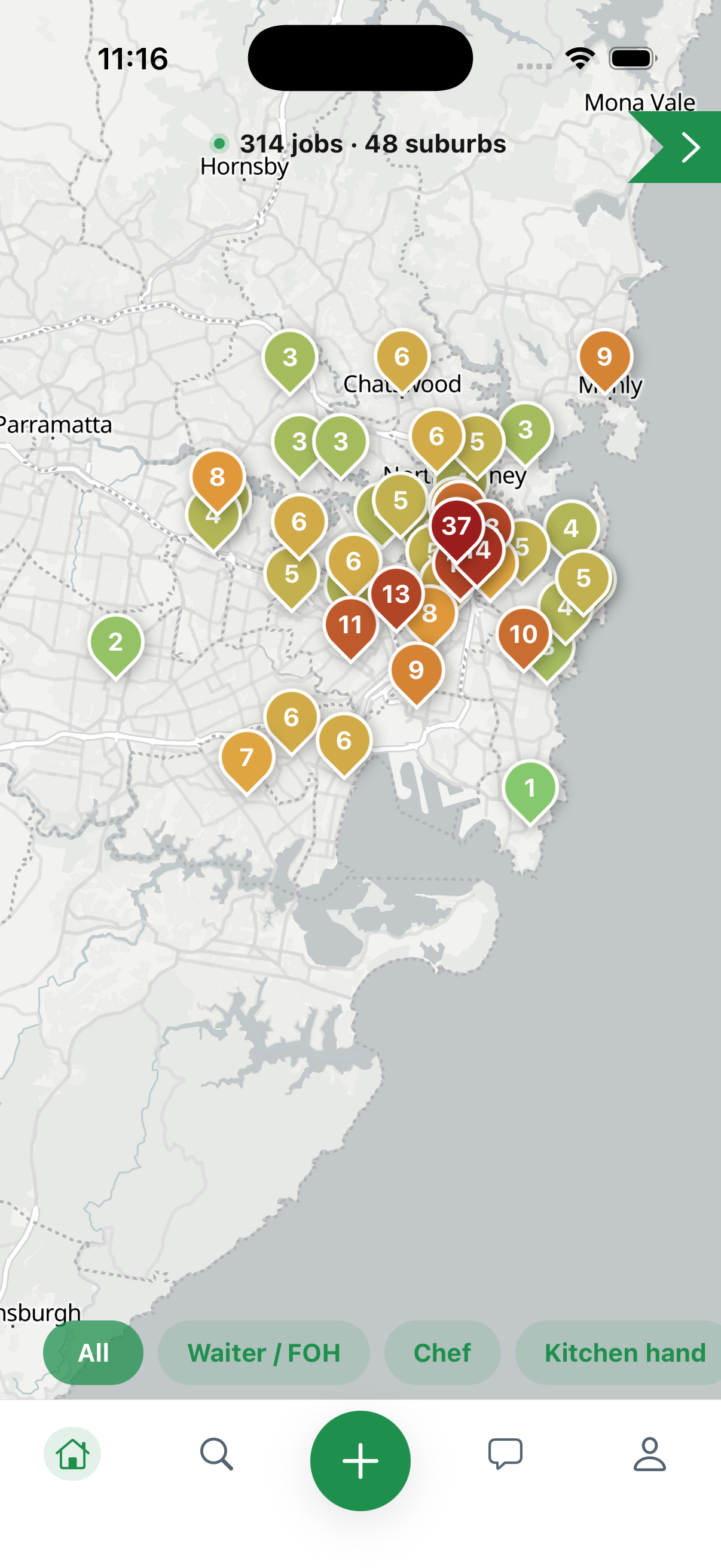 Map of Sydney with suburb pins sized and colour-graded by open job count — 314 jobs across 48 suburbs.