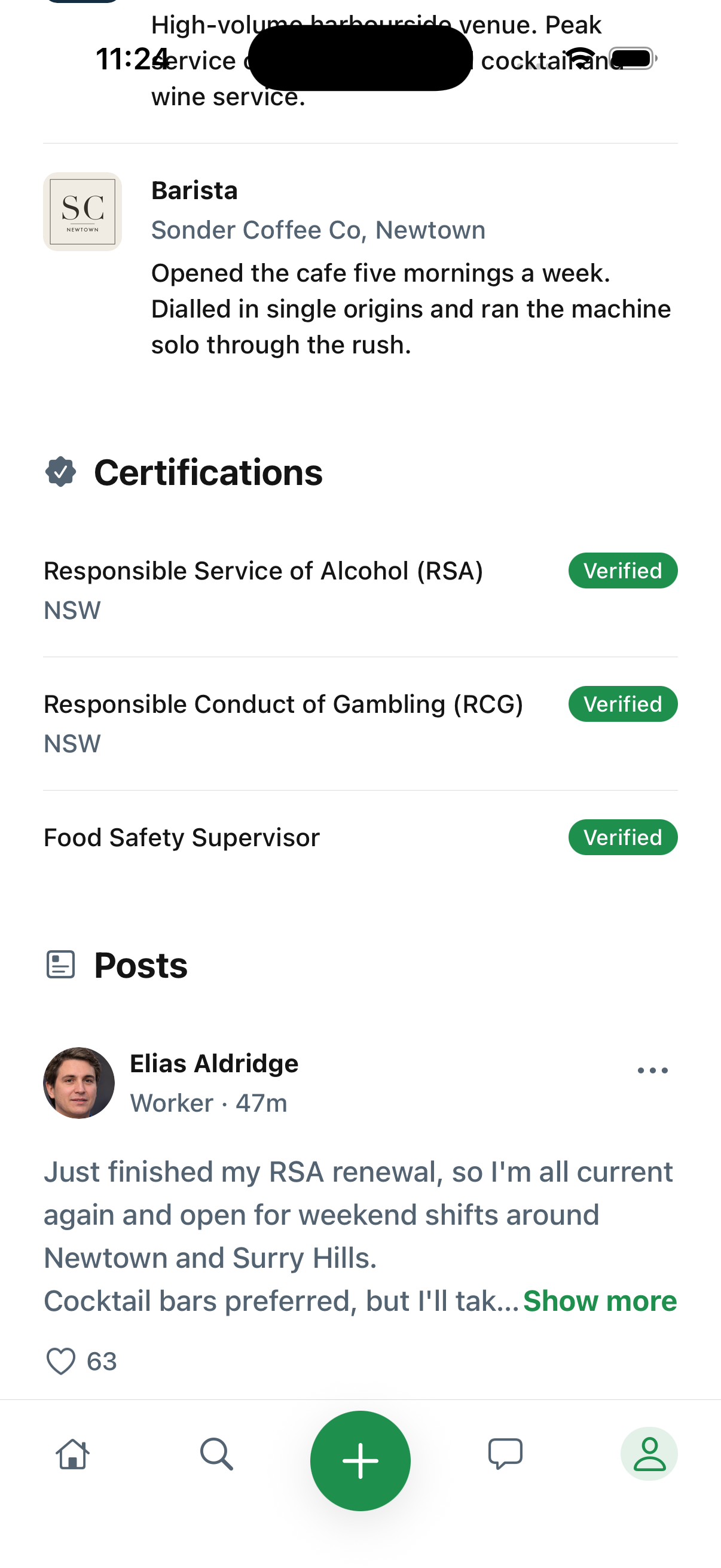 Worker profile listing RSA, RCG and Food Safety Supervisor certifications, each with a green Verified badge.