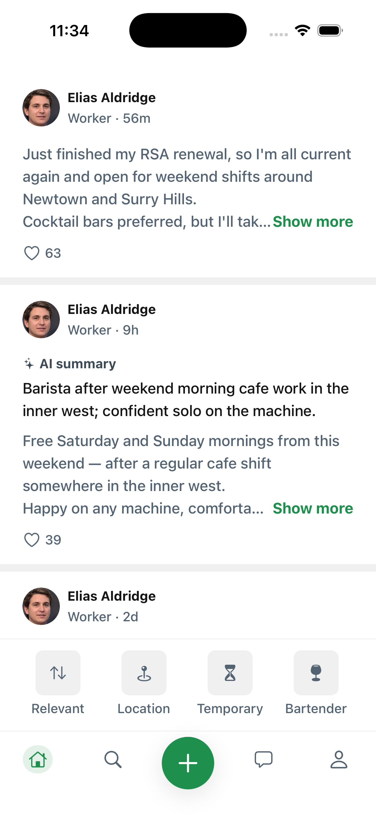 Venue feed: workers posting their availability, each with an AI summary of their post.