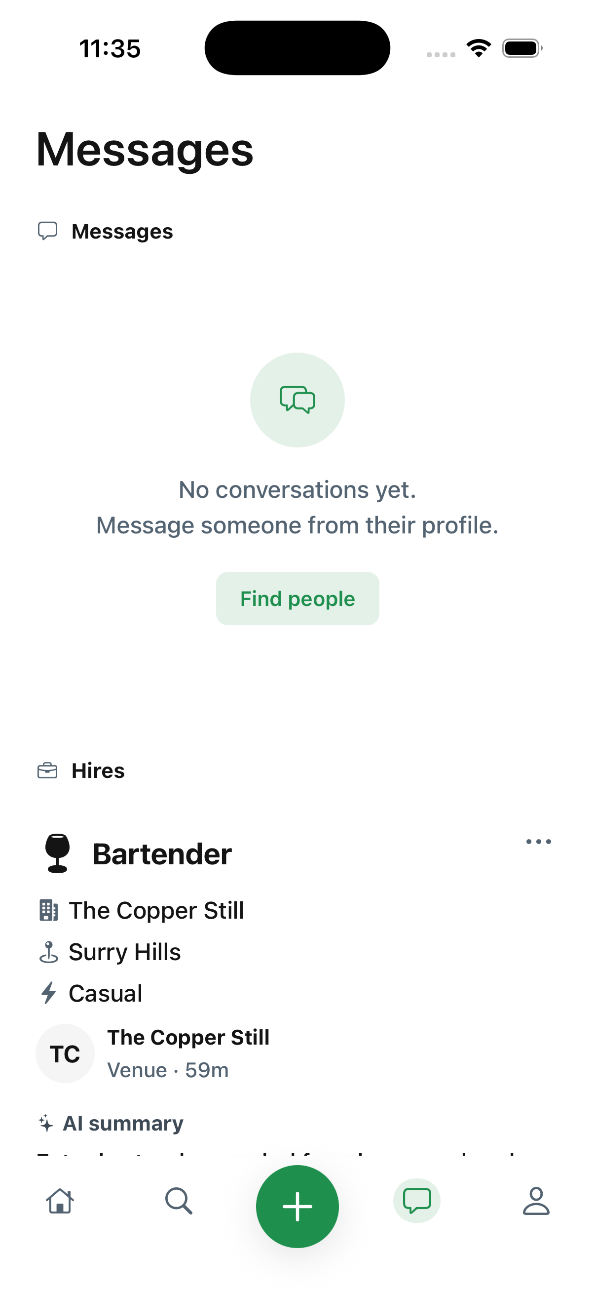 Venue messages screen showing a hired bartender for The Copper Still in Surry Hills.
