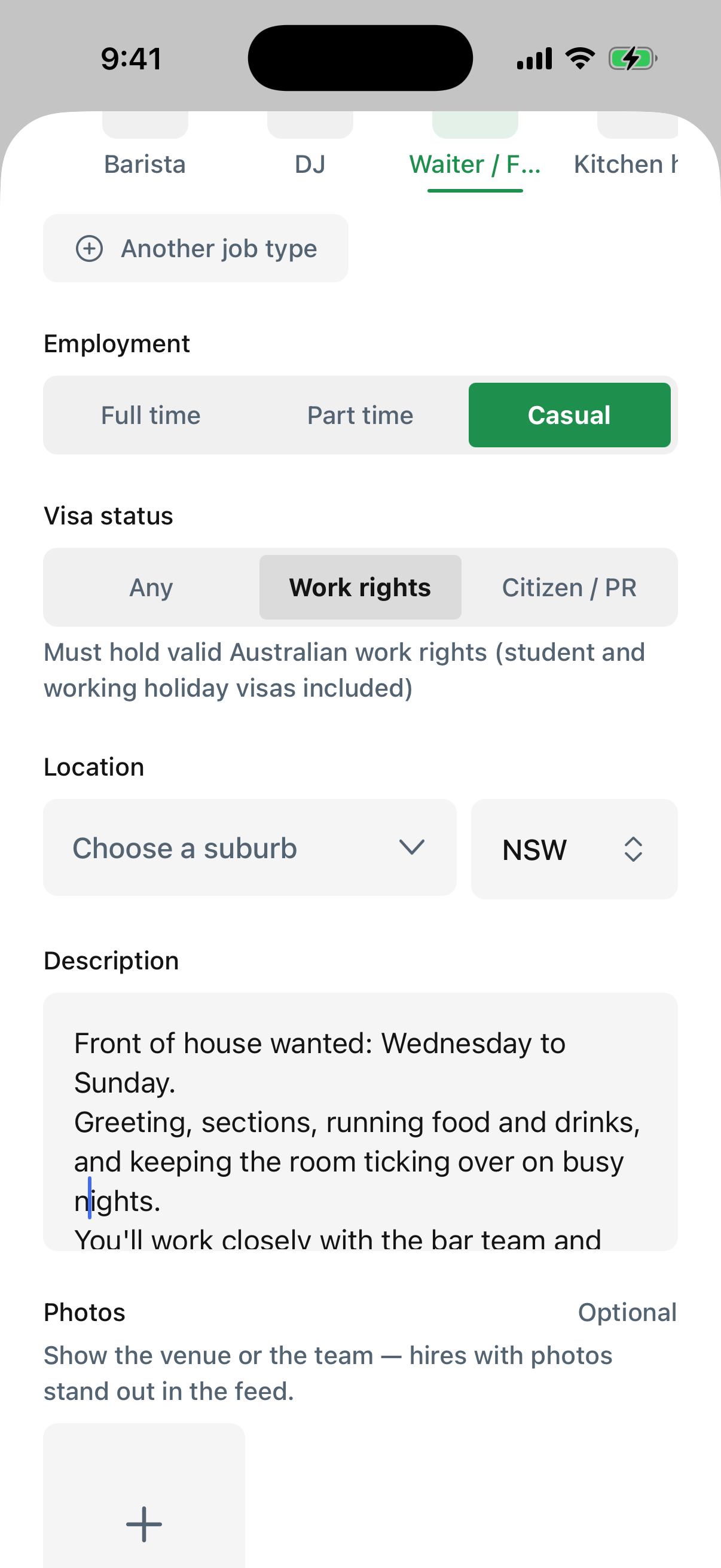 The Make a hire composer: Waiter / FOH picked as the job type, set to casual, work rights required, with the front-of-house role description written out.