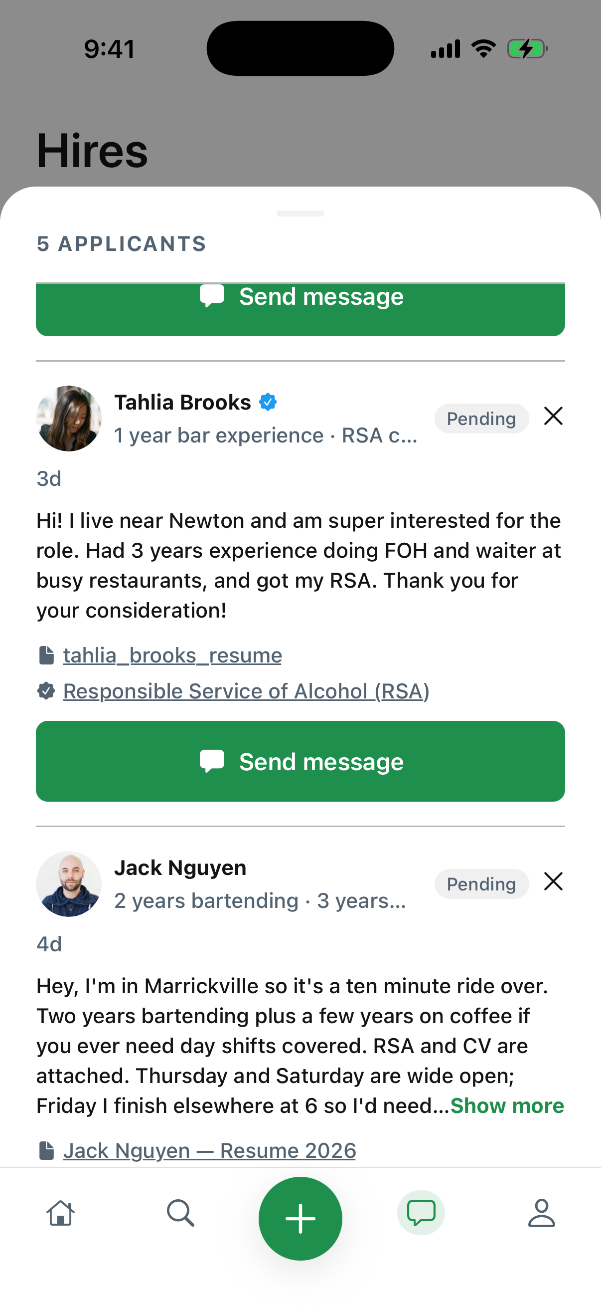 The applicants sheet over the Hires screen: 5 applicants for the role, with Tahlia Brooks and Jack Nguyen each showing their experience, a note about themselves, an attached resume, a verified RSA and a Send message button.