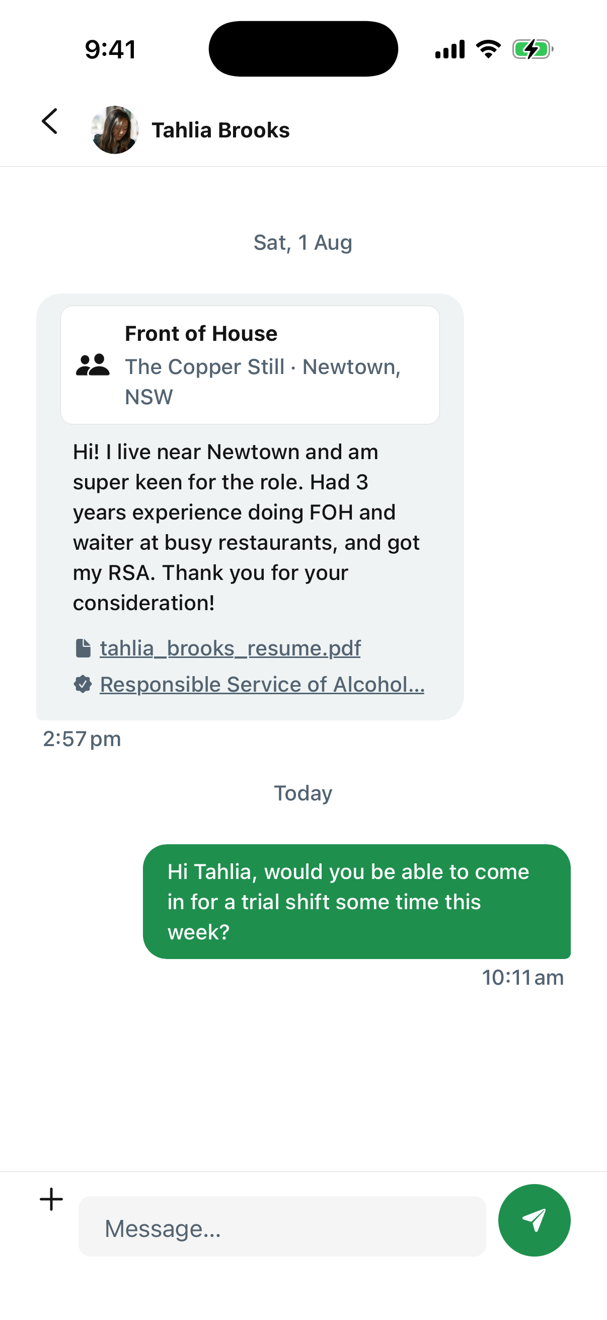 A conversation with applicant Tahlia Brooks: her application for Front of House at The Copper Still in Newtown sits at the top of the thread with her resume and RSA attached, followed by a reply asking her in for a trial shift this week.