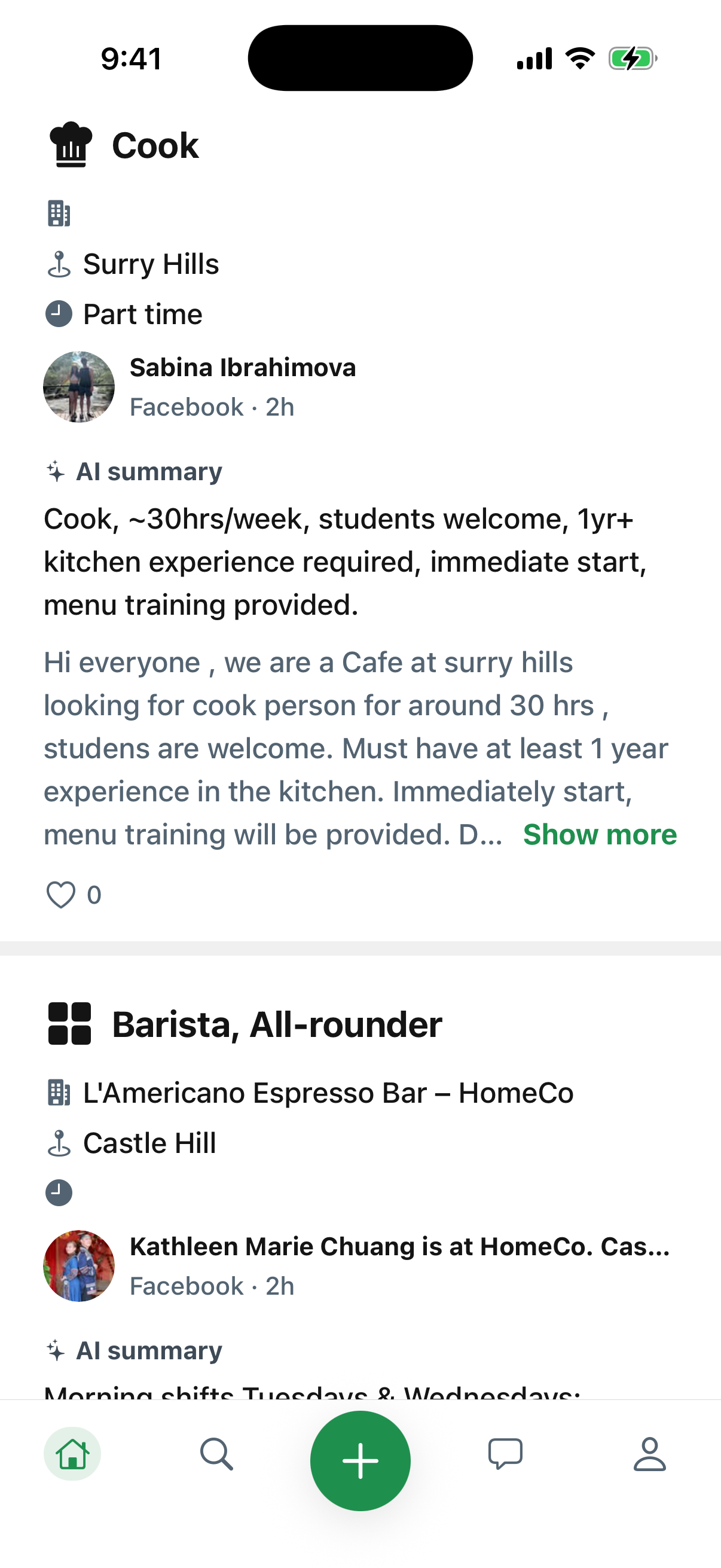 The job feed: a part-time Cook role in Surry Hills and a Barista all-rounder in Castle Hill, each posted from Facebook with an AI summary of the hours, experience and start date.