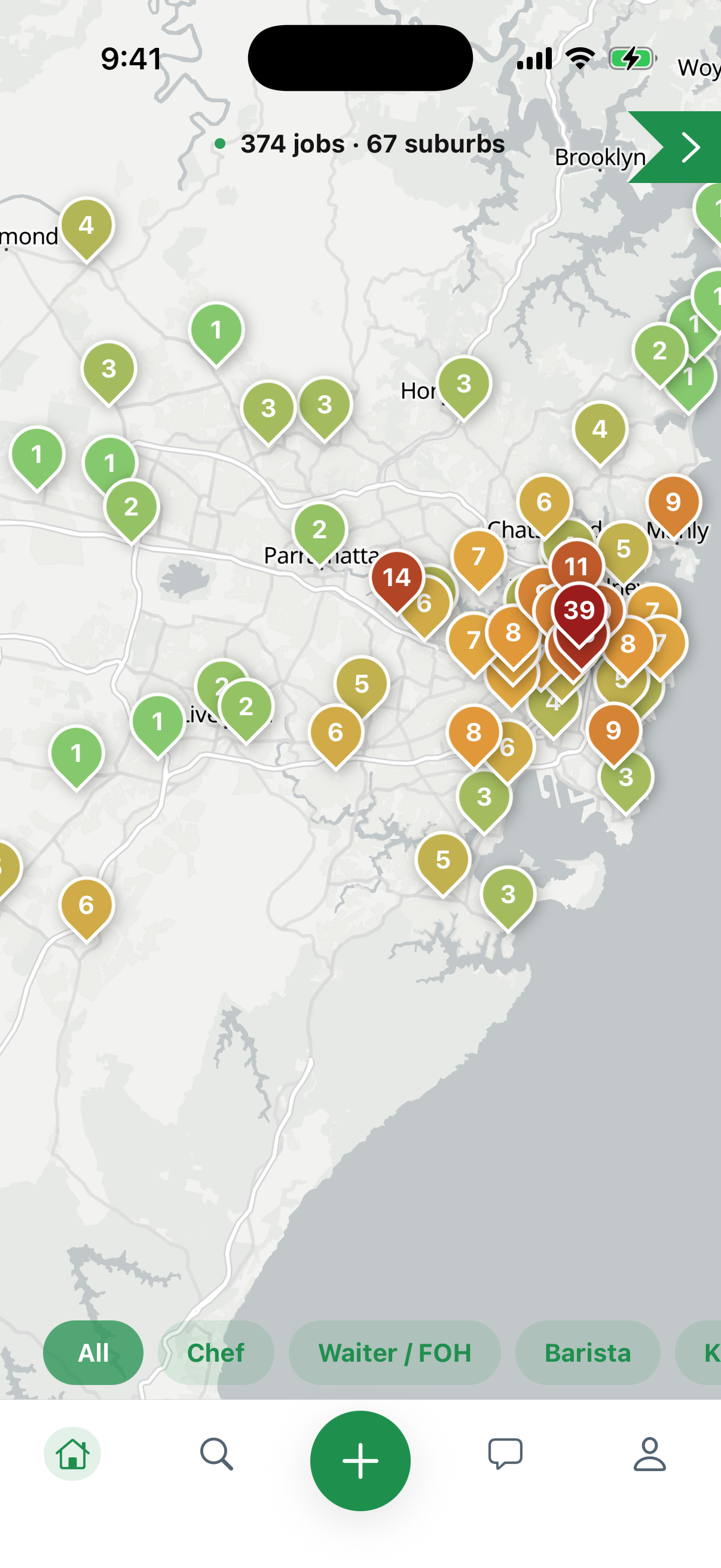 The same jobs on a map of Sydney — 374 jobs across 67 suburbs as counted pins, clustered thickest over the inner city, with filters for Chef, Waiter / FOH and Barista.