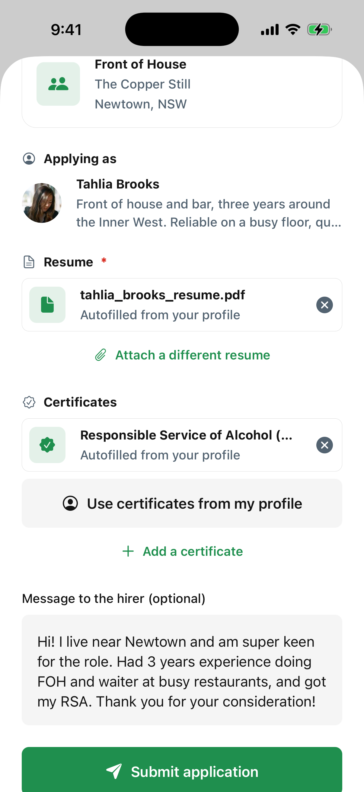 Applying for Front of House at The Copper Still in Newtown: the resume and RSA certificate autofilled from Tahlia Brooks' profile, with a short message to the hirer above the Submit application button.