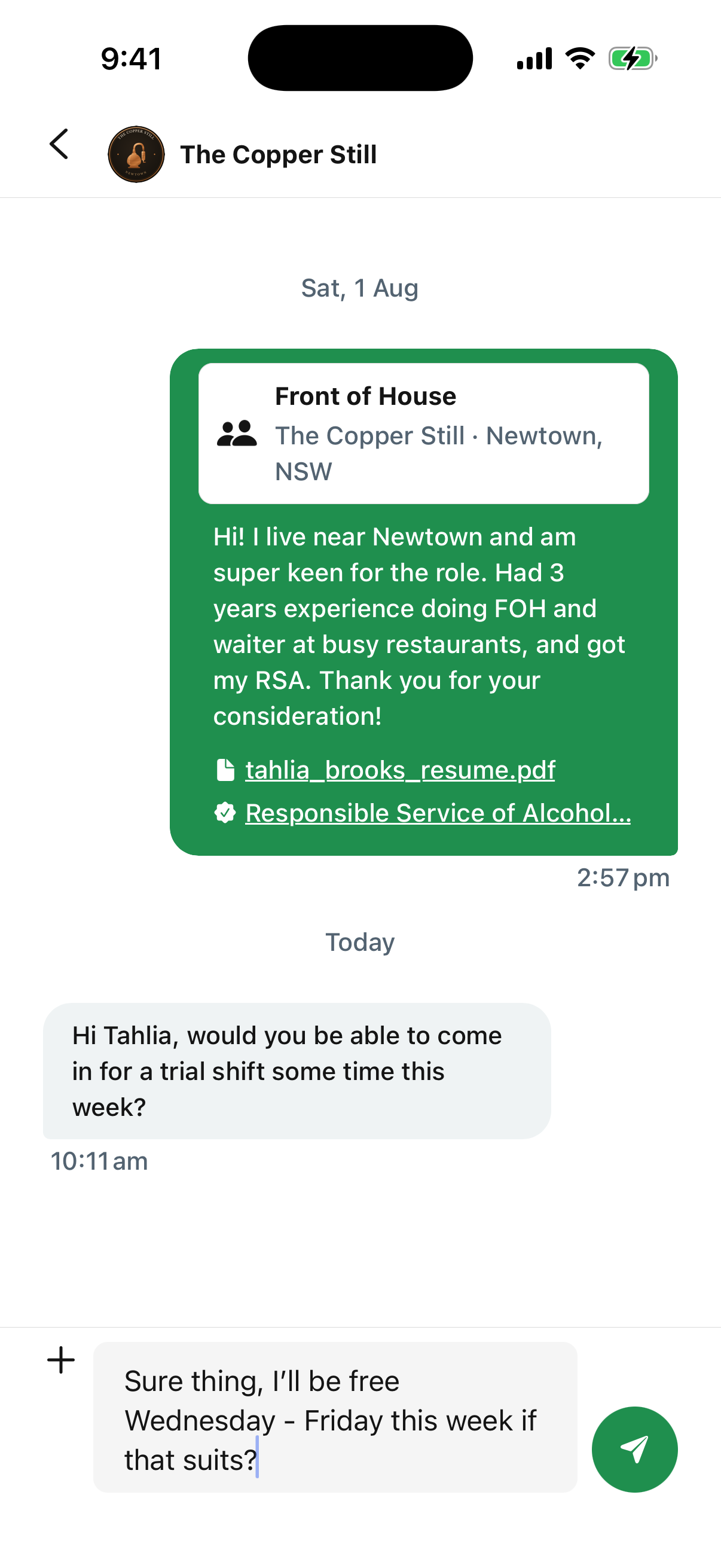 The thread with The Copper Still from the worker's side: the sent application with its resume and RSA at the top, the venue asking Tahlia in for a trial shift, and her reply offering Wednesday to Friday being typed.